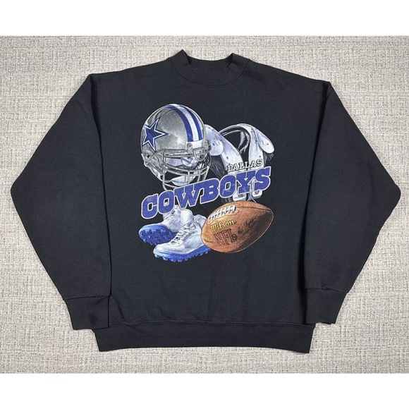 Vintage 1990s Dallas Cowboys Sweatshirt Helmet Pads Cleats Black Sz Large - Picture 1 of 11